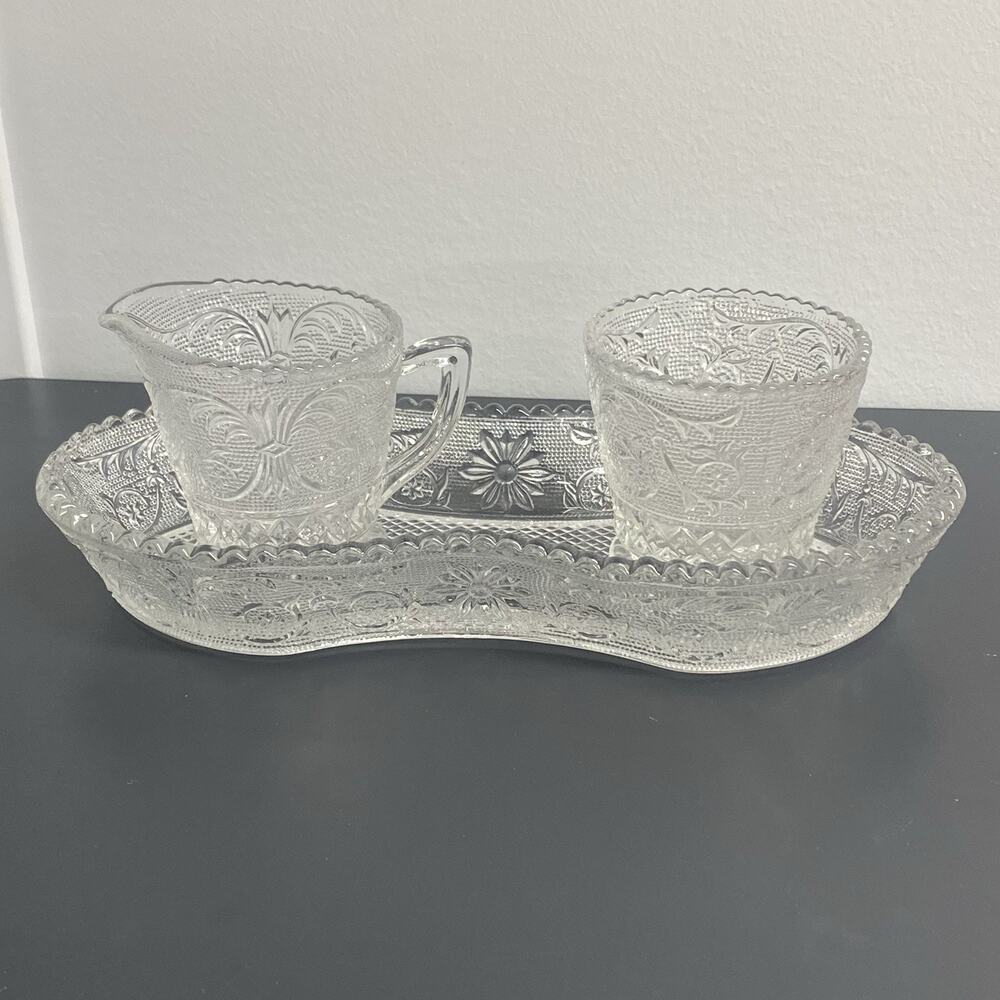 Duncan & Miller Glass Creamer & Open Sugar Tray Set